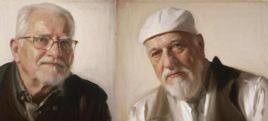 Oil painting of two old men ((best work of art)) ((two elderly men)) ((White background)) Brown hair, modern, current white background, Nick Alm, by Andrea Pozzo, Jeremy Lipking, range murata Jeremy Lipking, by Carlo Mense, inspired by Enrique Simonet, sargento marshénnikov, by Michael Ford, krenzcushart, Jeremy Lipking full length shot, by Josep Rovira Soler
