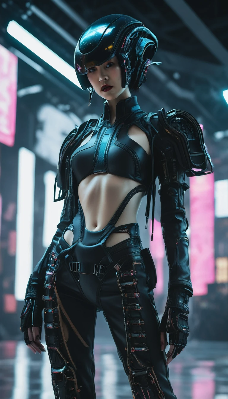 A fashion runway for alien technology , Cyberpunk fashion photography , Inspired by Chinese Xianxia and Dark Gothic。(Best quality,4K,8K,A high resolution,Masterpiece:1.2), (Realistic,Photorealistic,photo-realistic:1.37).