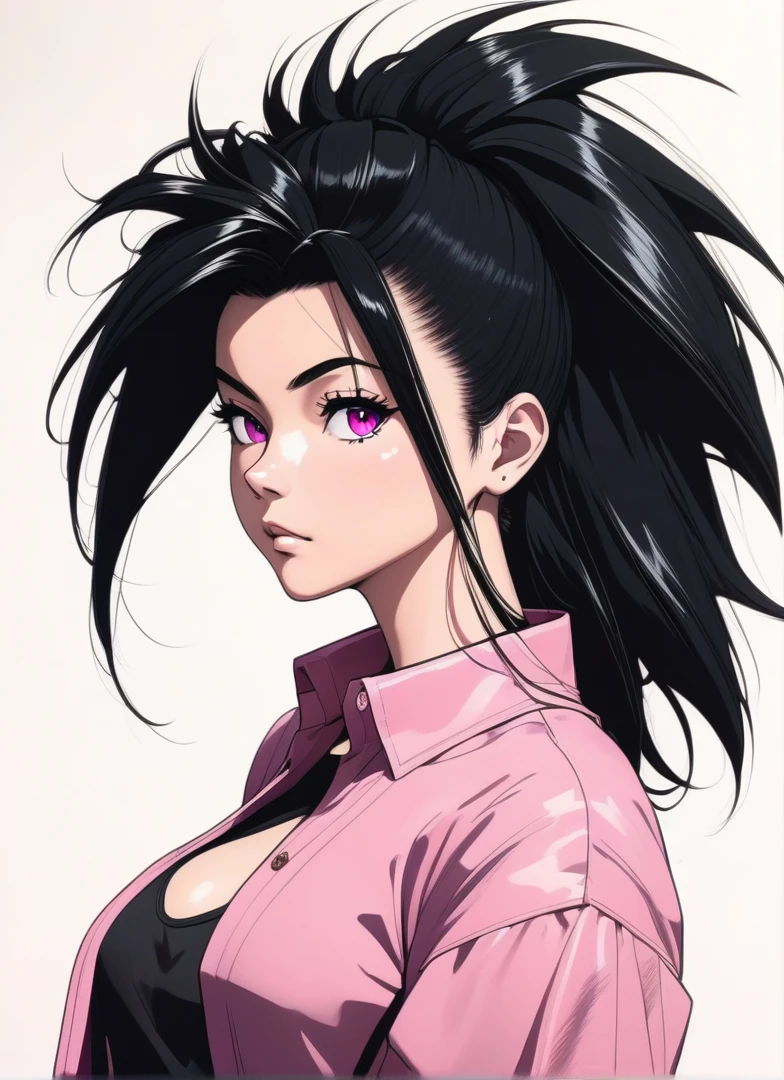 a drawing of a woman with very long hair and a pink blouse, saiyan girl, wild and spiky black saiyan hair, female goku, akira toriyama style, toriyama akira, dragon ball character, anime style character, toriyama akira 📹, fubuki, inspired by Akira Toriyama, dragon ball style