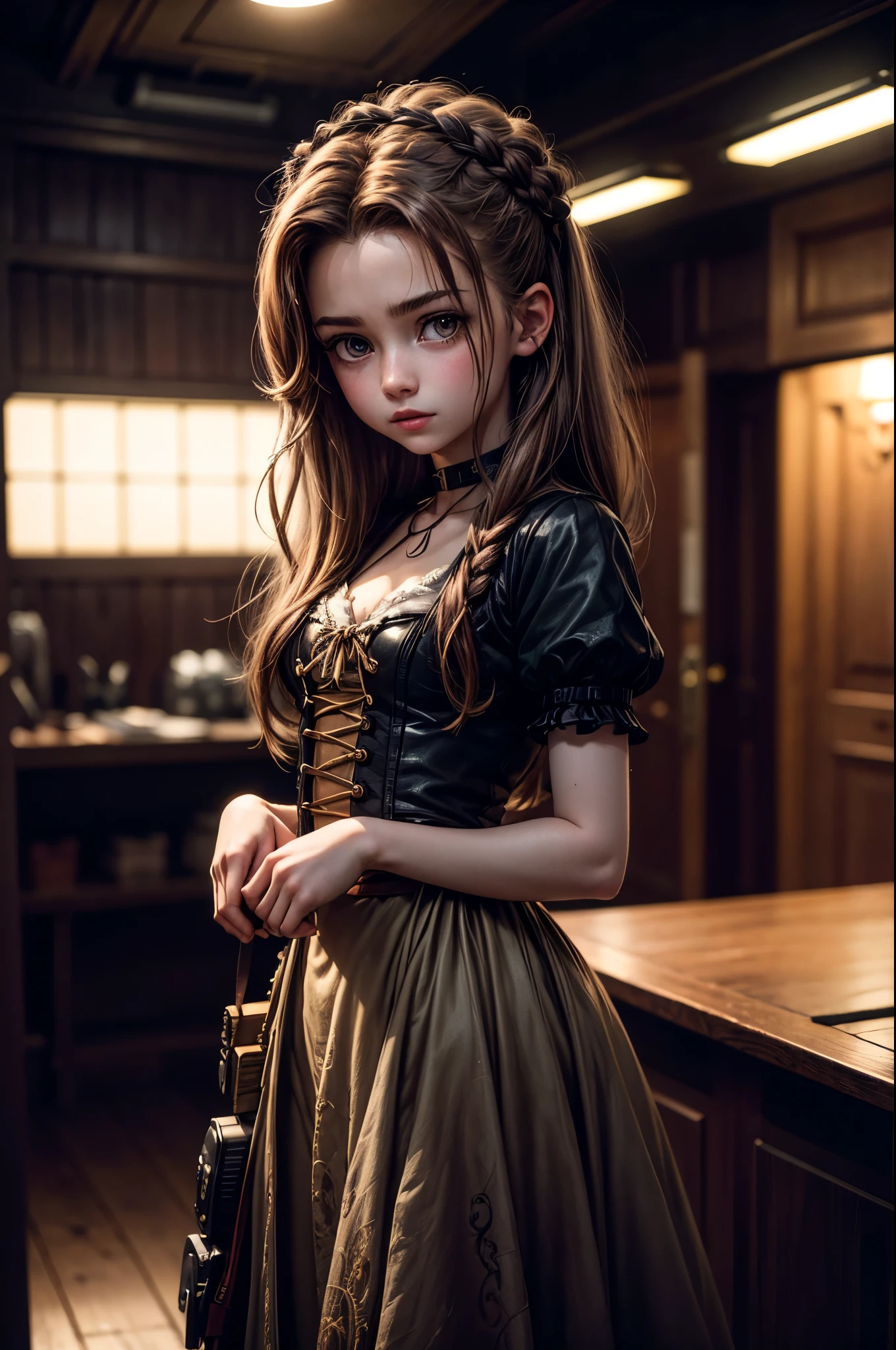 (Fotografía de Aerith Gainsborough, de 20 años.), (sin primer plano), Cara muy detallada, (sonrisa:0.7) (fondo dentro oscuro, malhumorado, estudio privado:1.3), dirigible pirata steampunk, Nikon D850, fotografía de archivo de película, para kodak portra 400 ,cámara f1.6 lentes, bokeh, estilo analógico, Colores ricos, Híper realista, textura realista, iluminación dramática, cinestill 800, Pelo despeinado, serious, (pecas:0.4), Piel pálida, lindo sexy