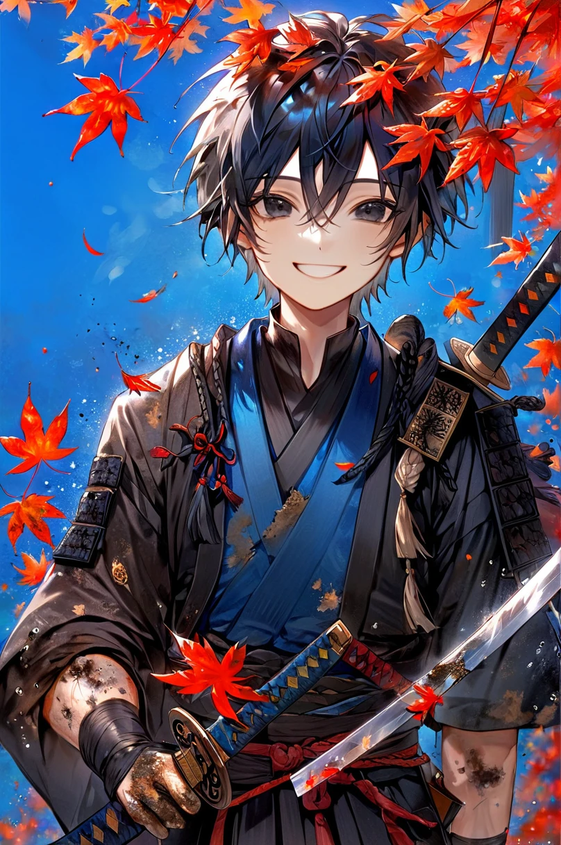 Ronin, Dirty, Boy, Two sword, black eyes, black samurai hair, ragged body, Deep blue Torn clothes, Smile, Maple leaf background.