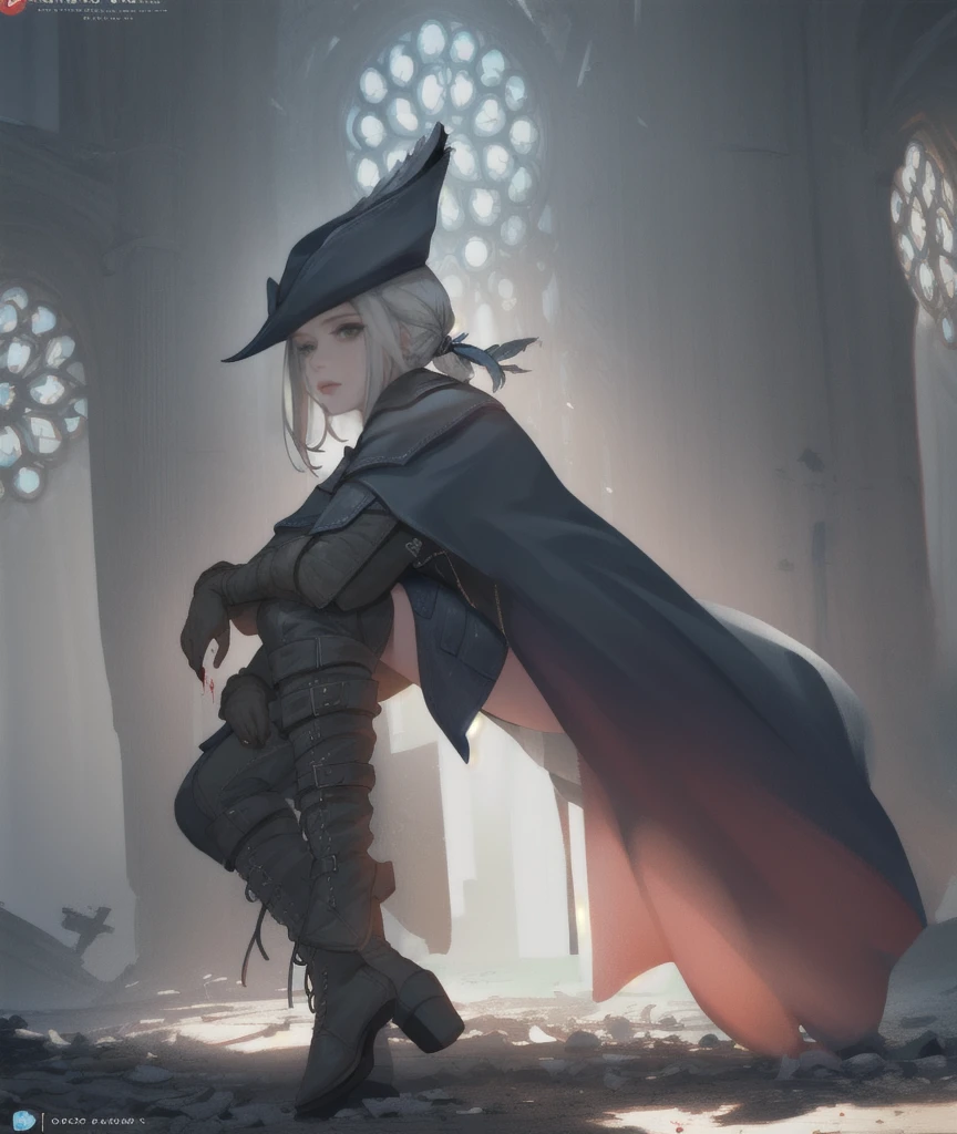 {{{masterpiece}}}, {{{best quality}}}, {{{ultra-detailed}}}, {cinematic lighting}, {illustration}, very detailed eyes, expressionless, 1girl, white_hair, green_eyes, hat_feather, boots, gloves, tricone, ponytail, lady maria of the astral clocktower, bloodborne, blood, {Portrait}, looking at viewer