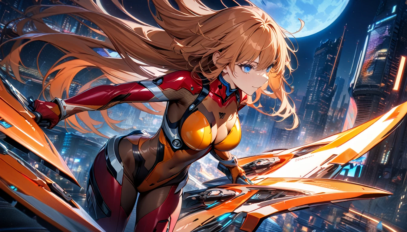 Adult girl, long orange hair, blue eyes, cyborg, very tight transparent batllesuit, cyber blades on hands, transparent elements, Masterpiece, best quality, Full HD, 8k, ultra details, great graphic, asuka koukawa, taimanin suit, bodystocking, futuristic city, night, moon,