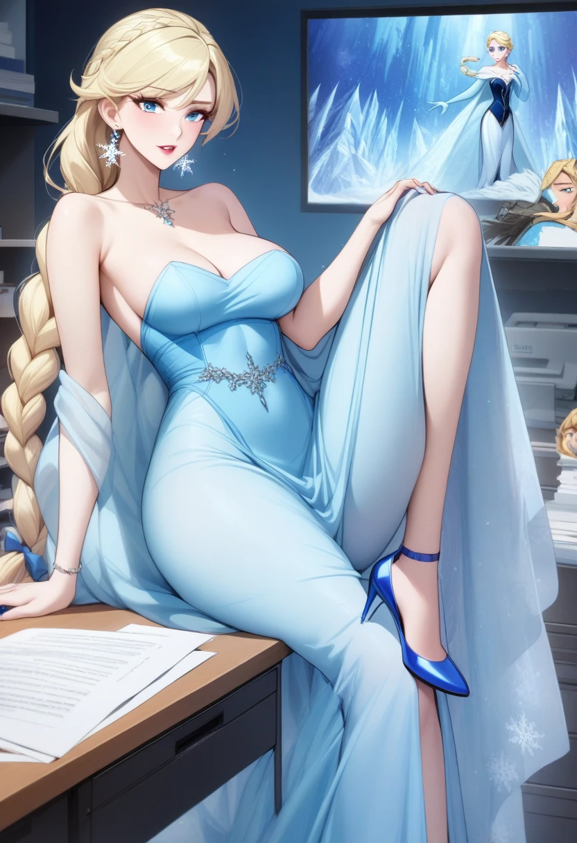 masterpiece, best quality, very aesthetic, absurdres, 1girl, mature_lady, ,,elsa_(frozen), frozen_(disney), 1girl, blonde_hair, blue_eyes, braid, medium_breasts, single_braid, earrings, snowflake_earrings, eyeshadow, makeup, long_hair, very_long_hair, bare_shoulders, blue_dress, cape, dress, long_dress, strapless, strapless_dress, blue_footwear, high_heels,in office,,floating_clothes,covered_pussy