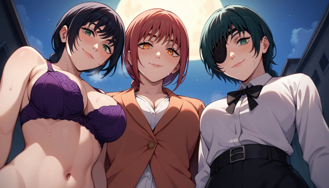 mature female, mature, Adult, himeno, himeno(Chainsaw Man), makima, makima(Chainsaw Man), 2girls, black hair, short hair, braided ponytail, eyepatch, naughty face, seductive smile, looking down, aroused, in heat, nsfw, sweat, Villains, purple bra under the back cape, chest, View your audience, Night, back street, shadow, view from below  masterpiece, Top animation quality，Top image quality,