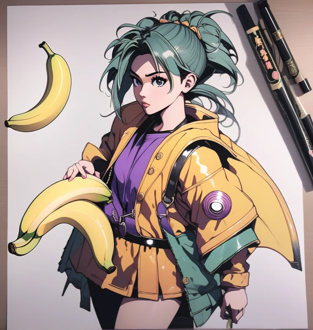 a drawing of a woman with a banana in her hand, saiyan girl, toriyama akira, akira toriyama style, female goku, anime style, inspired by Akira Toriyama, dragon ball character, akiri toriyama, anime style character, dragon ball style, nico robin, girl of the zodiac knights, fubuki, bulma from dragon ball