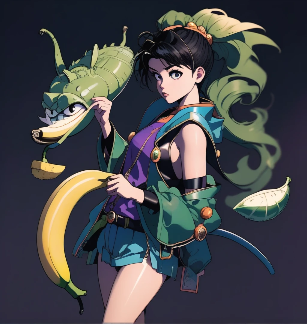 a drawing of a woman with a banana in her hand, saiyan girl, toriyama akira, akira toriyama style, female goku, anime style, inspired by Akira Toriyama, dragon ball character, akiri toriyama, anime style character, dragon ball style, nico robin, girl of the zodiac knights, fubuki, bulma from dragon ball