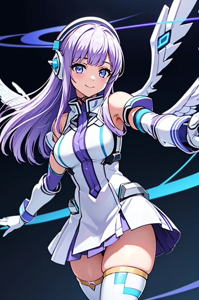 Mecha Wings、White and blue skirt、Accentuated thighs、White tights、chest、Beautiful light purple hair、1 girl、solo girl、Thick thighs、is、Frame Arms Girl、Alice Gere Aegis、White Armor、Blue and purple lines、income、headphone、hand on own chest、smile