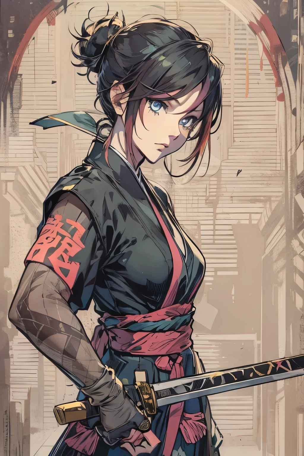 a drawing of a woman in a black outfit holding a sword, inspired by Kusumi Morikage, inspired by Kanō Hōgai, inspired by Kano Sanraku, inspired by Kawabata Ryūshi, female samurai, Japanese anime style, anime style character