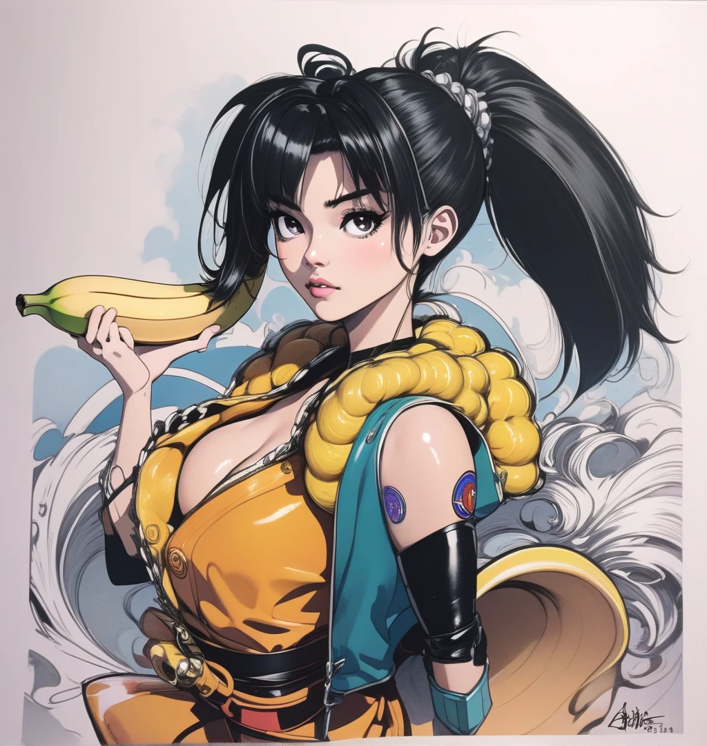 a drawing of a woman with a banana in her hand, saiyan girl, toriyama akira, akira toriyama style, female goku, anime style, inspired by Akira Toriyama, dragon ball character, akiri toriyama, anime style character, dragon ball style, nico robin, girl of the zodiac knights, fubuki, bulma from dragon ball