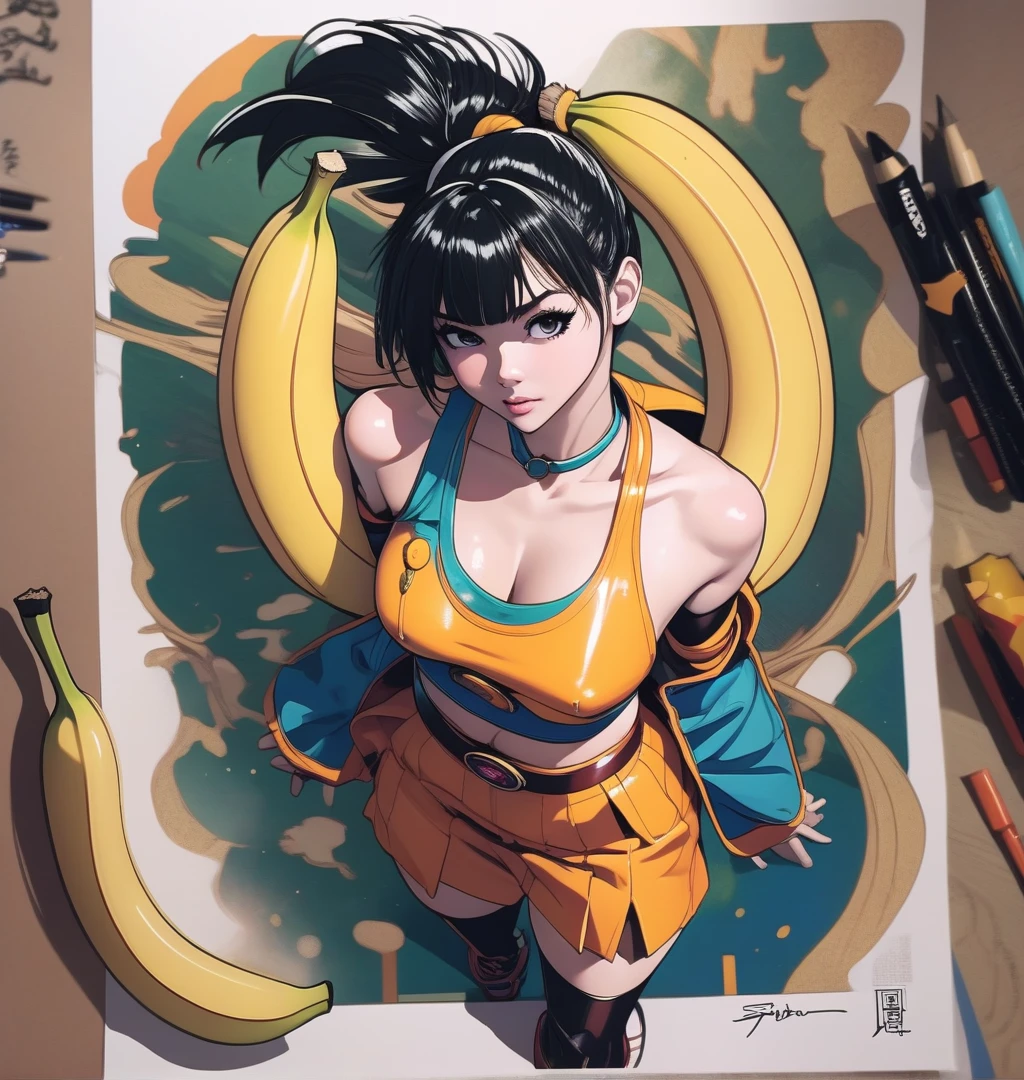 a drawing of a woman with a banana in her hand, saiyan girl, toriyama akira, akira toriyama style, female goku, anime style, inspired by Akira Toriyama, dragon ball character, akiri toriyama, anime style character, dragon ball style, nico robin, girl of the zodiac knights, fubuki, bulma from dragon ball