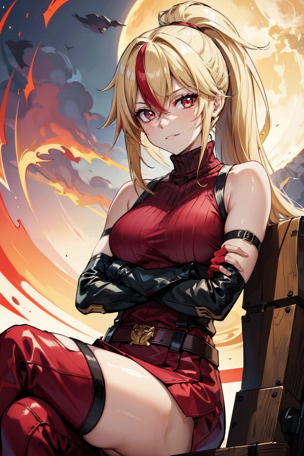 (masterpiece, best quality:1.2), red glowing eyes, red eyes, the eyes are red, perfect face, strong make up, highres, 1 girl, ultra long ponytail, (female:1.5), strife, blonde hair streaked with lots of red highlights, two colors hair (blond and red), hight flame mistress outfit, shoulder armor, sleeveless turtleneck, suspenders, belt, gloves, bracer pre potent smile, crossing legs, crossing arms , evil smile, evil pose, sitting, portrait, looking at viewer,  Her hair is streaked with lots red and blonde highlights, moon tribal tattoo.