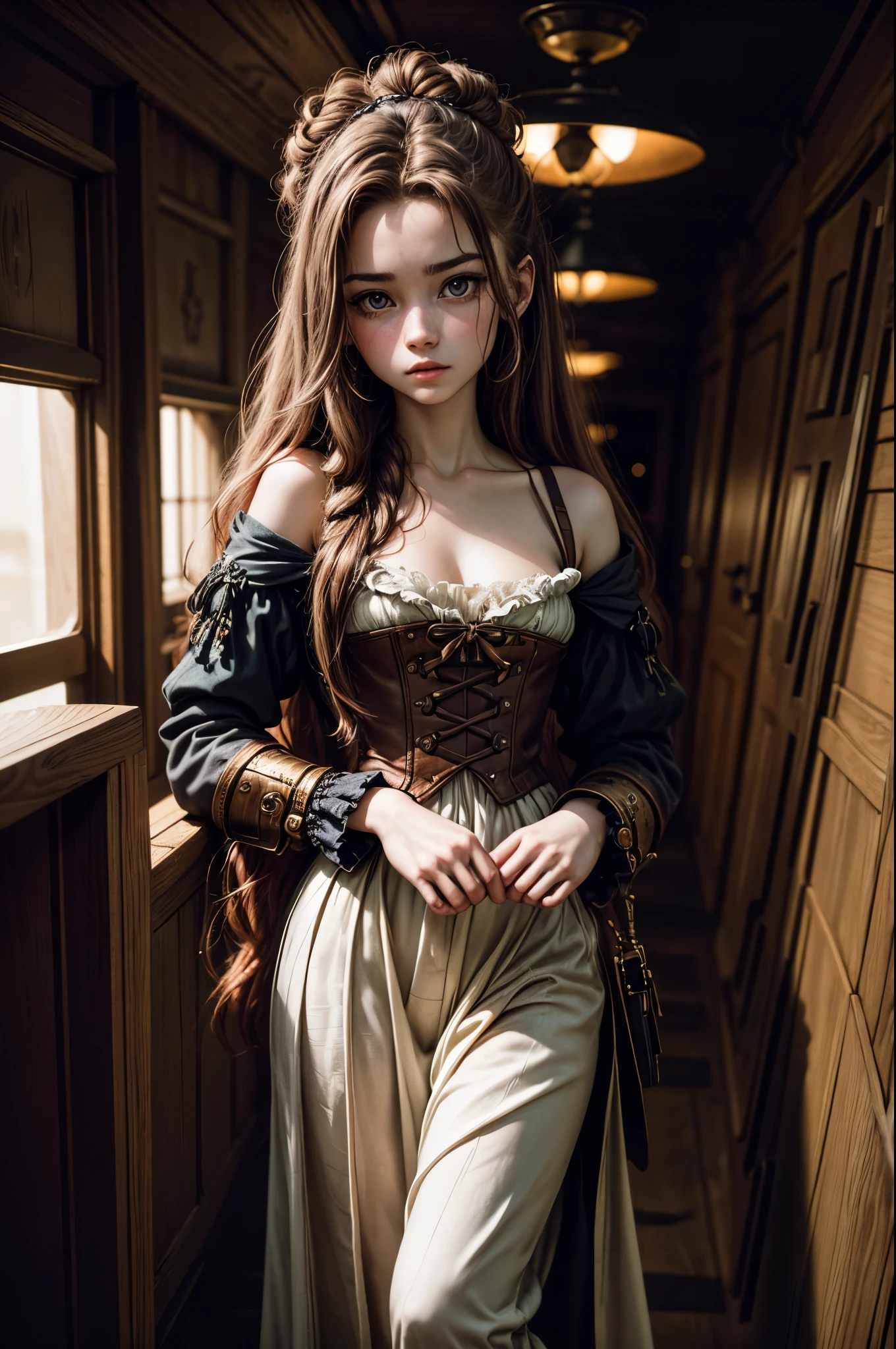 (Fotografie der 20-jährigen Aerith Gainsborough), (keine Nahaufnahme), sehr detailliertes Gesicht, (lächeln:0.7) (hintergrund innen dunkel, Launisch, Privat:1.3), Steampunk-Piratenluftschiff, nikon d850, Kodak Portra 400-Kornfilm, Kamera f1.6 lens, bokeh, analoger Stil, Satte Farben, Hyperrealistisch, lebensechte Textur, dramatische Beleuchtung, Cinestill 800, Zerzaustes Haar, ernst, (Sommersprossen:0.4), blasse Haut, Süß sexy