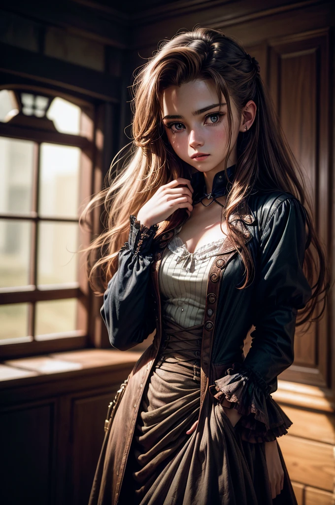 (Fotografía de Aerith Gainsborough, de 20 años.), (sin primer plano), Cara muy detallada, (sonrisa:0.7) (fondo dentro oscuro, malhumorado, privado:1.3), dirigible pirata steampunk, Nikon D850, Grano de película Kodak Portra 400., cámara f1.6 lentes, bokeh, estilo analógico, Colores ricos, Híper realista, textura realista, iluminación dramática, cinestill 800, Pelo despeinado, serious, (pecas:0.4), Piel pálida, lindo sexy