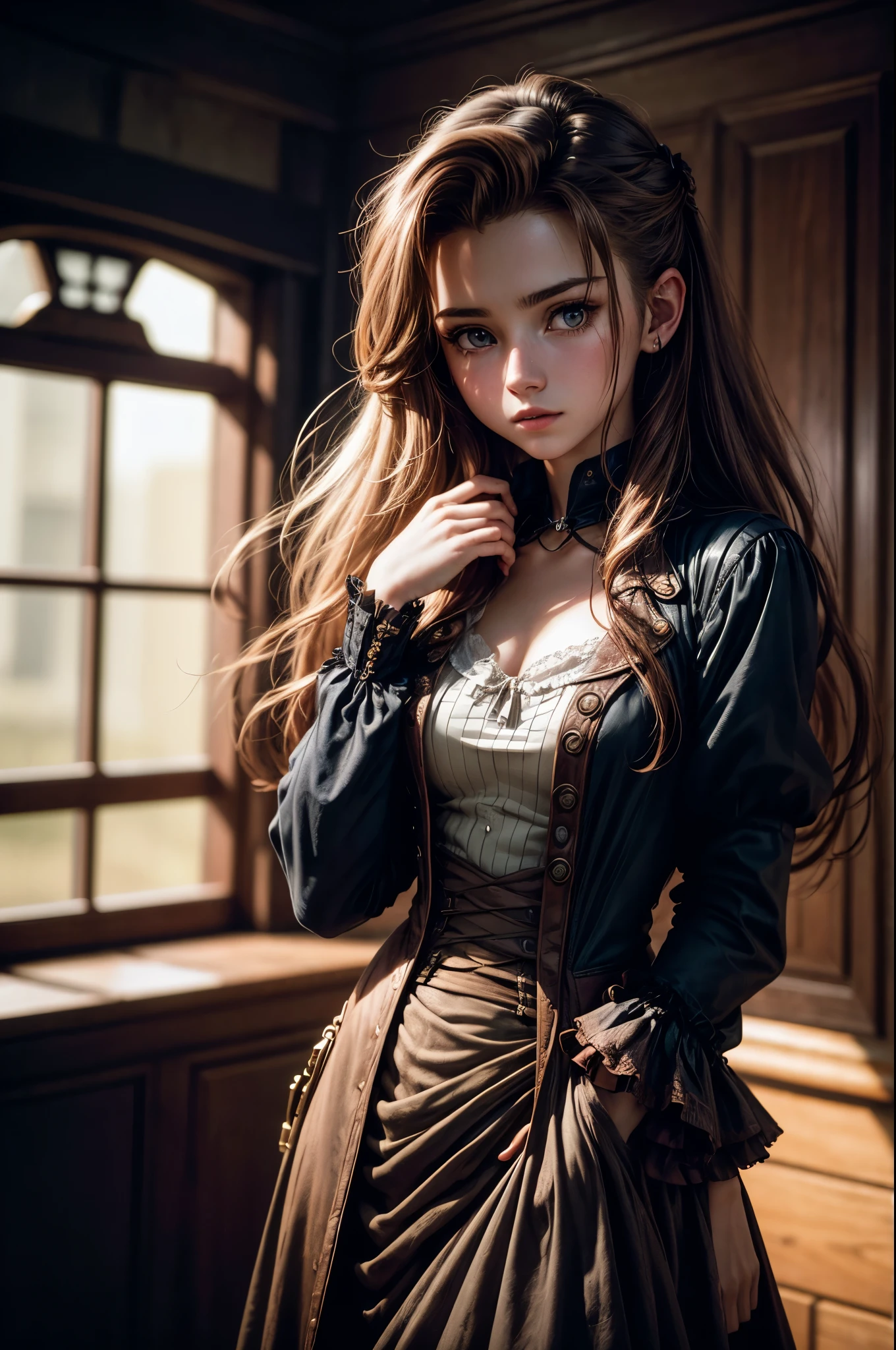 (Fotografía de Aerith Gainsborough, de 20 años.), (sin primer plano), Cara muy detallada, (sonrisa:0.7) (fondo dentro oscuro, malhumorado, privado:1.3), dirigible pirata steampunk, Nikon D850, Grano de película Kodak Portra 400., cámara f1.6 lentes, bokeh, estilo analógico, Colores ricos, Híper realista, textura realista, iluminación dramática, cinestill 800, Pelo despeinado, serious, (pecas:0.4), Piel pálida, lindo sexy