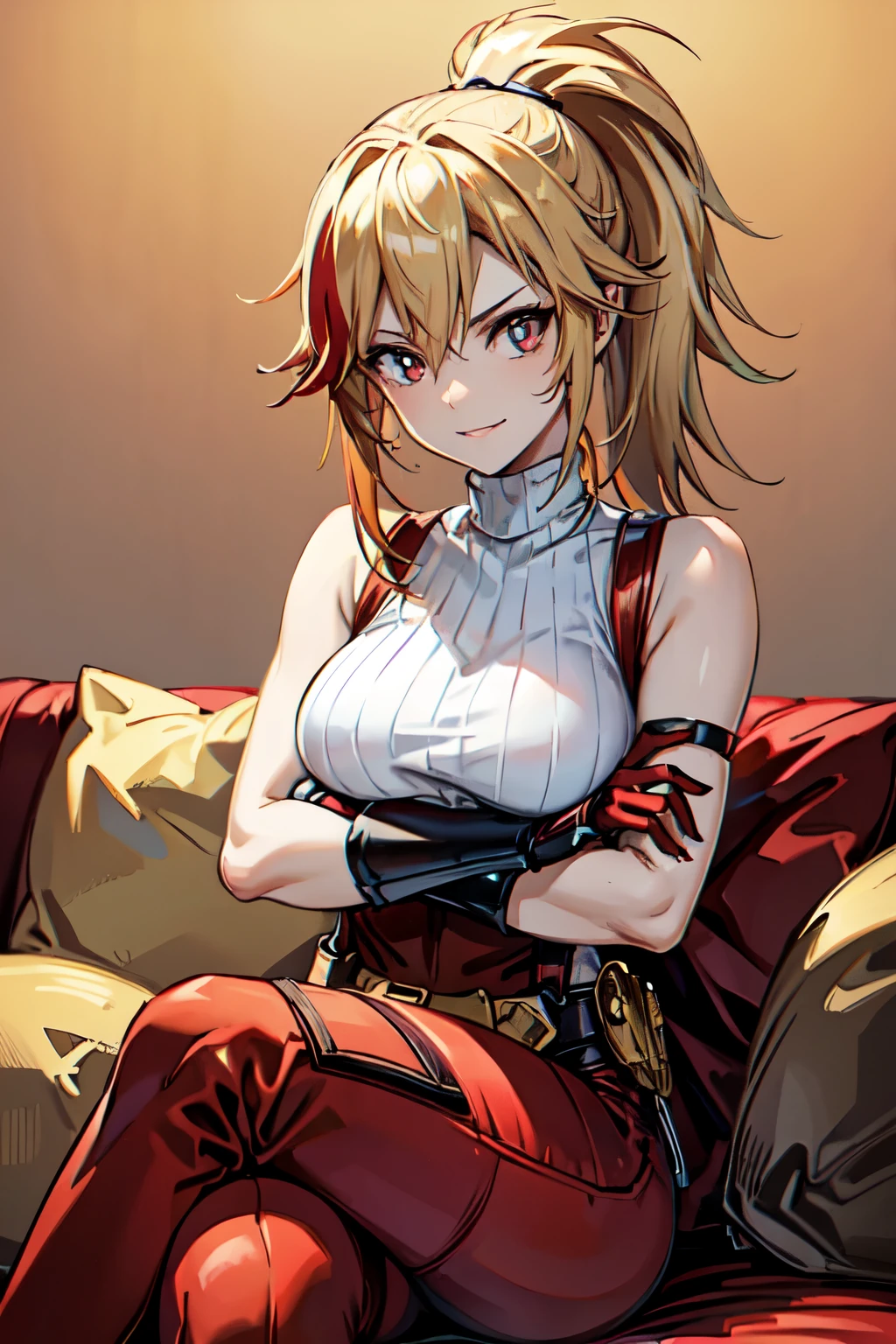 (masterpiece, best quality:1.2), red glowing eyes, red eyes, the eyes are red, perfect face, strong make up, highres, 1 girl, ultra long ponytail, (female:1.5), strife, blonde hair streaked with lots of red highlights, two colors hair (blond and red), hight flame mistress outfit, shoulder armor, sleeveless turtleneck, suspenders, belt, gloves, bracer pre potent smile, crossing legs, crossing arms , evil smile, evil pose, sitting, portrait, looking at viewer,  Her hair is streaked with lots red and blonde highlights, moon tribal tattoo.