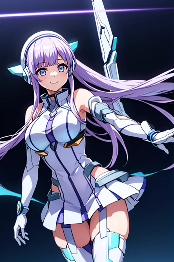 Mecha Wings、White and blue skirt、Accentuated thighs、White tights、chest、Beautiful light purple hair、1 girl、solo girl、Thick thighs、is、Frame Arms Girl、Alice Gere Aegis、White Armor、Blue and purple lines、income、headphone、hand on own chest、smile