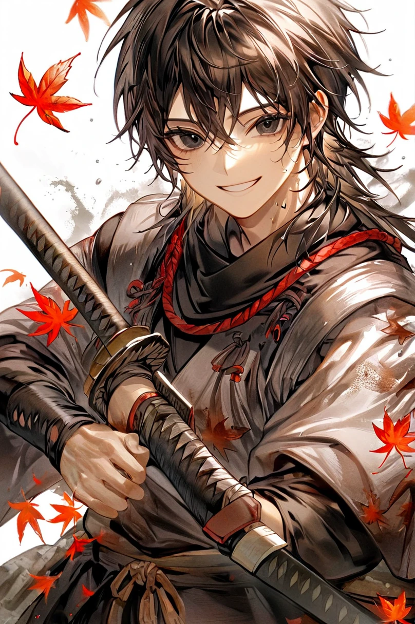 Ronin, Dirty, Boy, Two sword, black eyes, black samurai long unkempt hair, ragged body, gray- white Torn clothes, Smile, Maple leaf background.