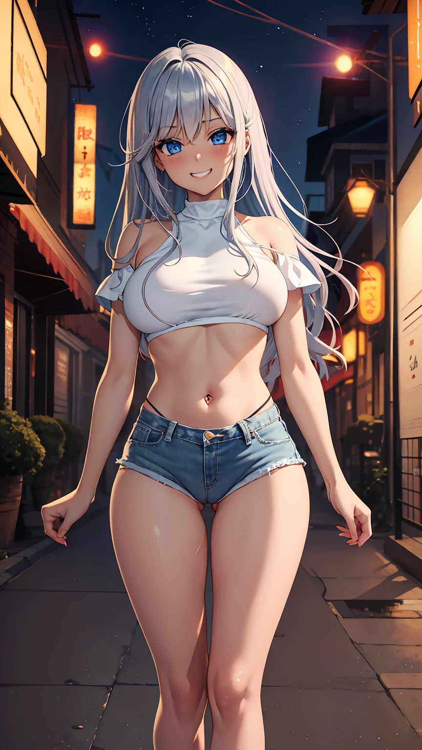 1girl, anime girl, anime, (dark skin), 2d girl, 16y, (fullbody), standing, anime girl, blue eyes, seductive grin, (silver hair), shirt, Solo, Slim, large breasts, big , big Breasts, Tight Shorts, low waist shorts, upshorts, The night beach background, city lights, looking at viewer, darker shadows, pink shorts, (((vulva format through shorts))), (((explicit))), (((shorts))), (((absurdres))), (((thigh gap))), (((cameltoe))), (((cleft of venus))), (((lowleg shorts))), (((innie pussy))), (((inniepussy))), (((innie_pussy)))