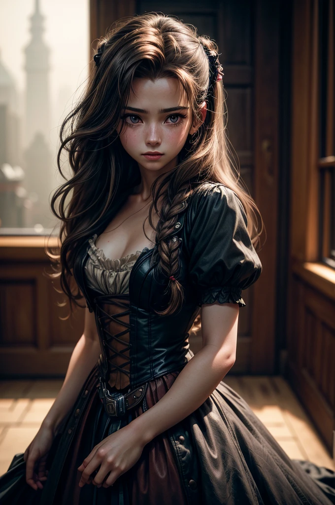 (Fotografie der 20-jährigen Aerith Gainsborough), (keine Nahaufnahme), sehr detailliertes Gesicht, (lächeln:0.7) (hintergrund innen dunkel, Launisch, Privat:1.3), Steampunk-Piratenluftschiff, nikon d850, Kodak Portra 400-Kornfilm, Kamera f1.6 lens, bokeh, analoger Stil, Satte Farben, Hyperrealistisch, lebensechte Textur, dramatische Beleuchtung, Cinestill 800, Zerzaustes Haar, (Sommersprossen:0.6), blasse Haut, Süß sexy