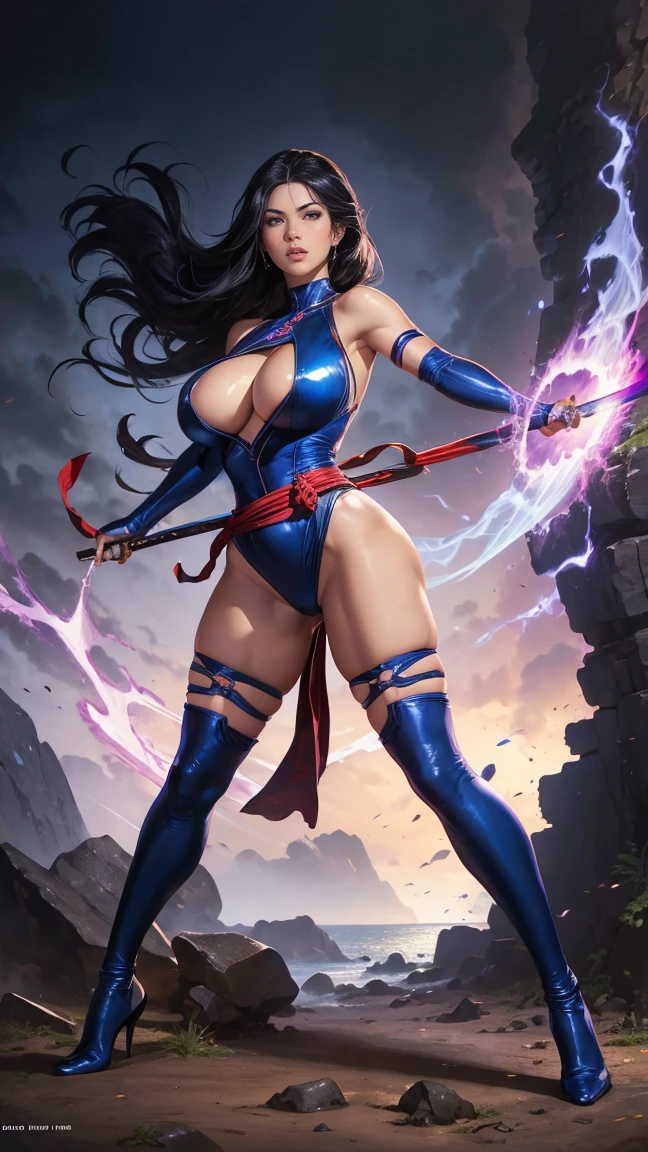 صورة فنية لأوليفيا مون في دور Psylocke, مفلس, جميل, زي أزرق غامق مع وشاح أحمر عند خصرها وشعر أسود, أثداء كبيرة, بواسطة لويس رويو, بوريس فاليجو, ي. سكوت كامبل, التركيز الشديد, تفاصيل حادة, جنسي,  بشرة دهنية, تظهر القدمين, جسم كامل