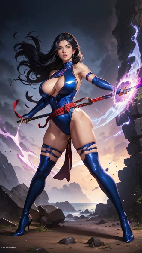 Art image of Olivia Munn as Psylocke, busty, beautiful, dark blue costume with red sash at her waist black hair, large breasts, ...
