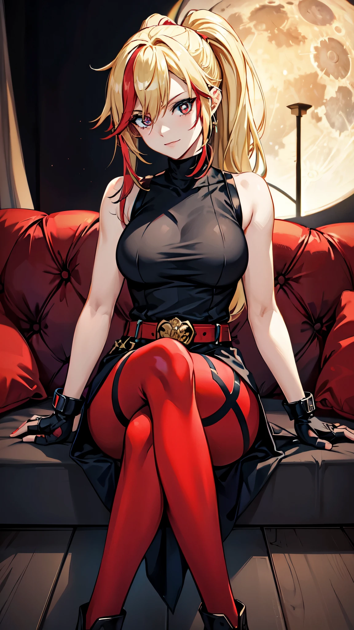 (masterpiece, best quality:1.2), red glowing eyes, red eyes, the eyes are red, perfect face, strong make up, highres, 1 girl, ultra long ponytail, (female:1.5), strife, blonde hair streaked with lots of red highlights, two colors hair (blond and red), hight flame mistress outfit, shoulder armor, sleeveless turtleneck, suspenders, belt, gloves, bracer pre potent smile, crossing legs, crossing arms , evil smile, evil pose, sitting, portrait, looking at viewer,  Her hair is streaked with lots red and blonde highlights, moon tribal tattoo.