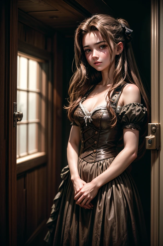 (photography of a 20 year old Aerith Gainsborough), (no close-up), highly detailed face, (smile:0.7) (background inside dark, moody, private:1.3), steampunk pirate's airship, nikon d850, kodak portra 400 film grain, camera f1.6 lens, bokeh, analog style, rich colors, hyper realistic, lifelike texture, dramatic lighting, cinestill 800, messy hair, (freckles:0.6), dinamic composition, pale skin, cute sexy