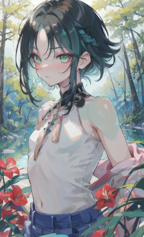 (masterpiece), (best quality), (ultra detailed), (Xiao), upper body, blushing, sexy look, tropical flowers, a pond, forest, flat...