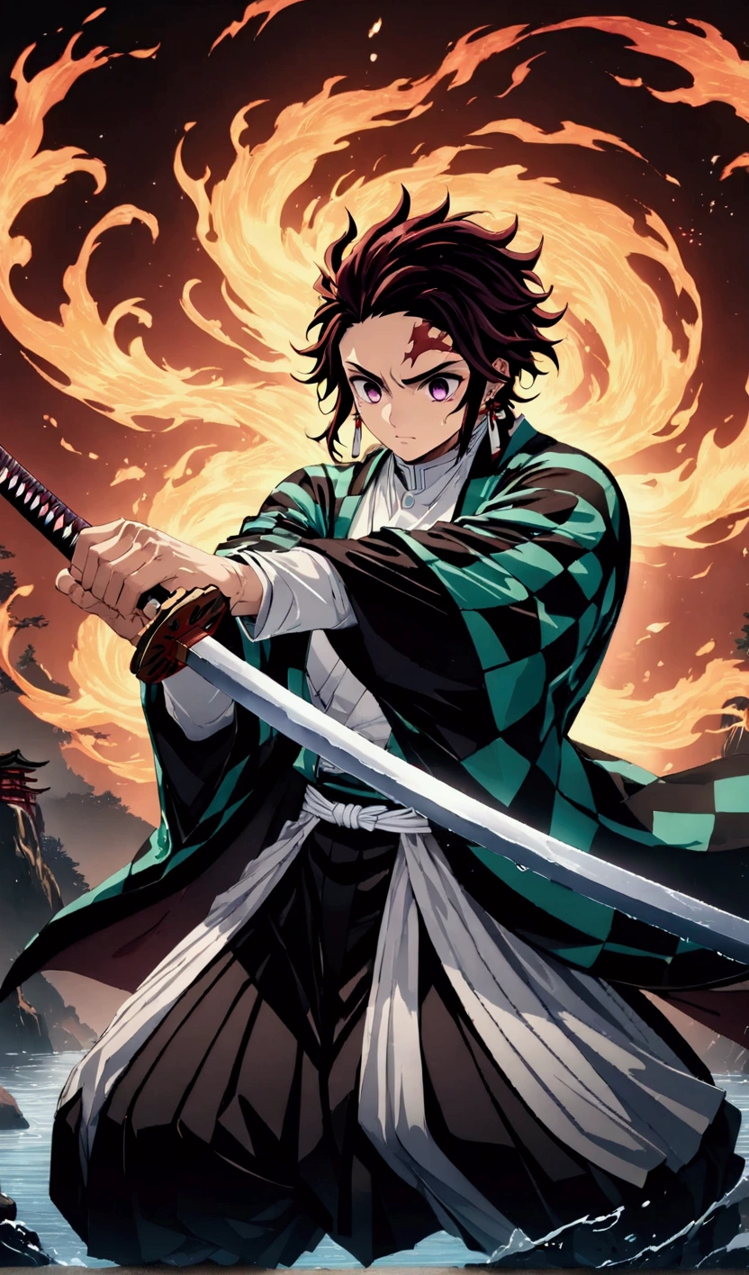 (1 male,Tanjiro Kamado),Demon slayer,Tanjiro Costume,tanjiro has a sword,Water and fire effects,Intricate details,,Decadent,artwork,rendering,Dynamic pose,(masterpiece:1.3),(highest quality:1.4),(Super detailed:1.5),High resolution,Very detailed,unity 8k wallpaper,Dark fantasy,,Glare,Fighting Style,Glare,Desperate form,BREAK,The sword is a Japanese sword,Japanese swords are straight and have a metallic luster..,Please hold the handle of the Japanese sword