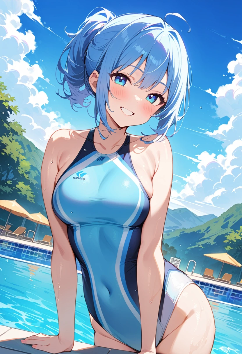 Highest quality、masterpiece、(1 adult female:1.3)、(Soft Bust:1.2)、nature 、Girl in competitive swimsuit,beautiful,smile,Pool,Tempting,((Looking at the audience)、Textured skin、(smile)、blush、(Blue summer sky:1.3),(ビーチPoolのbeautiful背景:1.3)