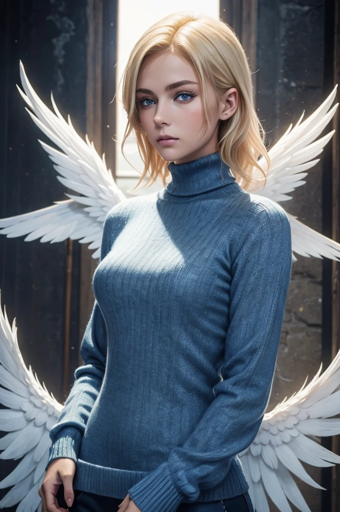 young man with blonde hair combed back. With dark and serious blue eyes, she has multiple diagonal scars that run from one side to the other of her face like scratches. The expression on her face is serene and contemplative. He wears a blue turtleneck sweater with long sleeves that cover his hands. Large white wings extend from his back, like those of an angel, she wears the lower part of a knight's plate armor.