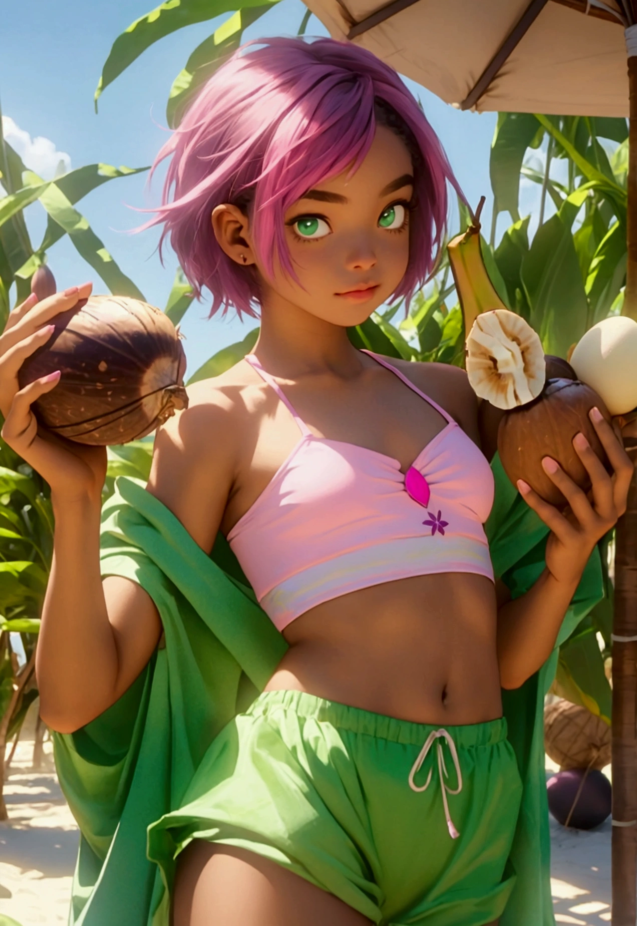 ((Artwork, high quality)), (black girl), (pink hair), (green eyes), (wearing a beach outfit), (at a large party), (decorated with small coconuts, small eggplants, and small bananas).



