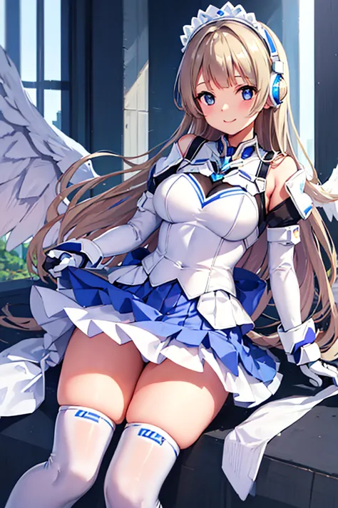 mecha wings、white and blue skirt、accentuated thighs、white tights、chest、1 girl、solo girl、thick thighs、is、frame arms girl、alice ge...