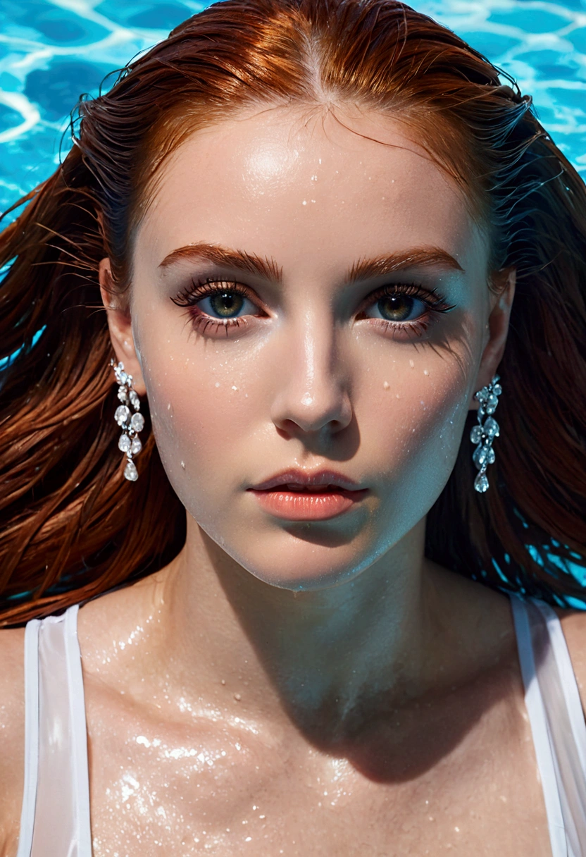 ultra realistic, photography, long red hair, girl, 24 years old, (From a straight above), female is standing in the pool, her lower body is submerged in the water and her upper body is wet, her skin is wet, her hair is wet, her eyes gazing up toward the camera. She exuded confidence and elegance, with every aspect of her appearance meticulously styled. Her face was adorned with flawless makeup—mascara, eyeliner, and striking eye shadow that enhanced her captivating gaze. Long, fluttering lashes added a touch of allure. bright eyes, cleavage Her ears shimmered with elegant earrings, complementing her stylish hairstyle, which was expertly arranged to showcase her beauty. The teacher's attire exuded professionalism and sophistication, while still maintaining a touch of glamour. She wore a tight white shirt which got wet and sheer. The scene unfolded, creating a contrast between the glamorous teacher and her surroundings. Despite the unconventional location, her presence exuded confidence and a sense of authority. From this birds-eye perspective, she appeared as a beacon of knowledge, ready to impart wisdom and inspire her students with her undeniable grace and beauty. beautiful detailed nose, beautiful detailed thigh, (beautiful detailed eyes), (complete perfect body), abs, perfect body proportion, (looking at viewer), (CLOSE UP), her nipples are hard, errect nipples, poking nipples, she has hazel brown eyes