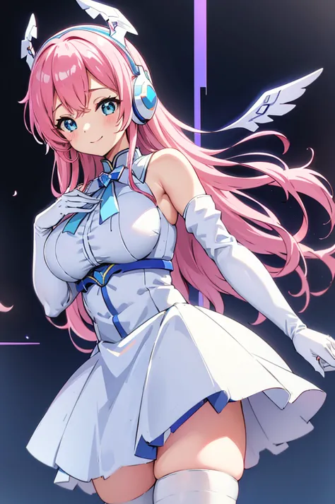 mecha wings、white and blue skirt、accentuated thighs、white tights、chest、beautiful pink hair、1 girl、solo girl、thick thighs、is、fram...