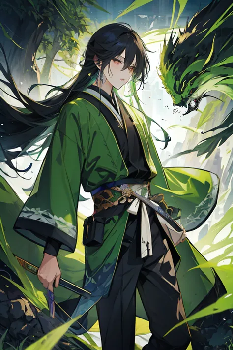 rogue, 1man, fantasy ,longhair, greeneyes, samuraistyle, blackhairhightlightgreen, japan, handsome, 21yearold,