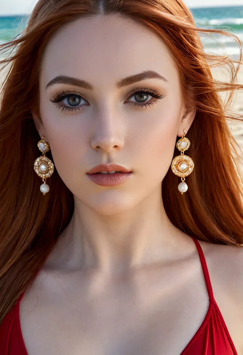 ultra realistic, photography, long red hair, girl, 24 years old, (From a straight above), female is standing on the beach in the...