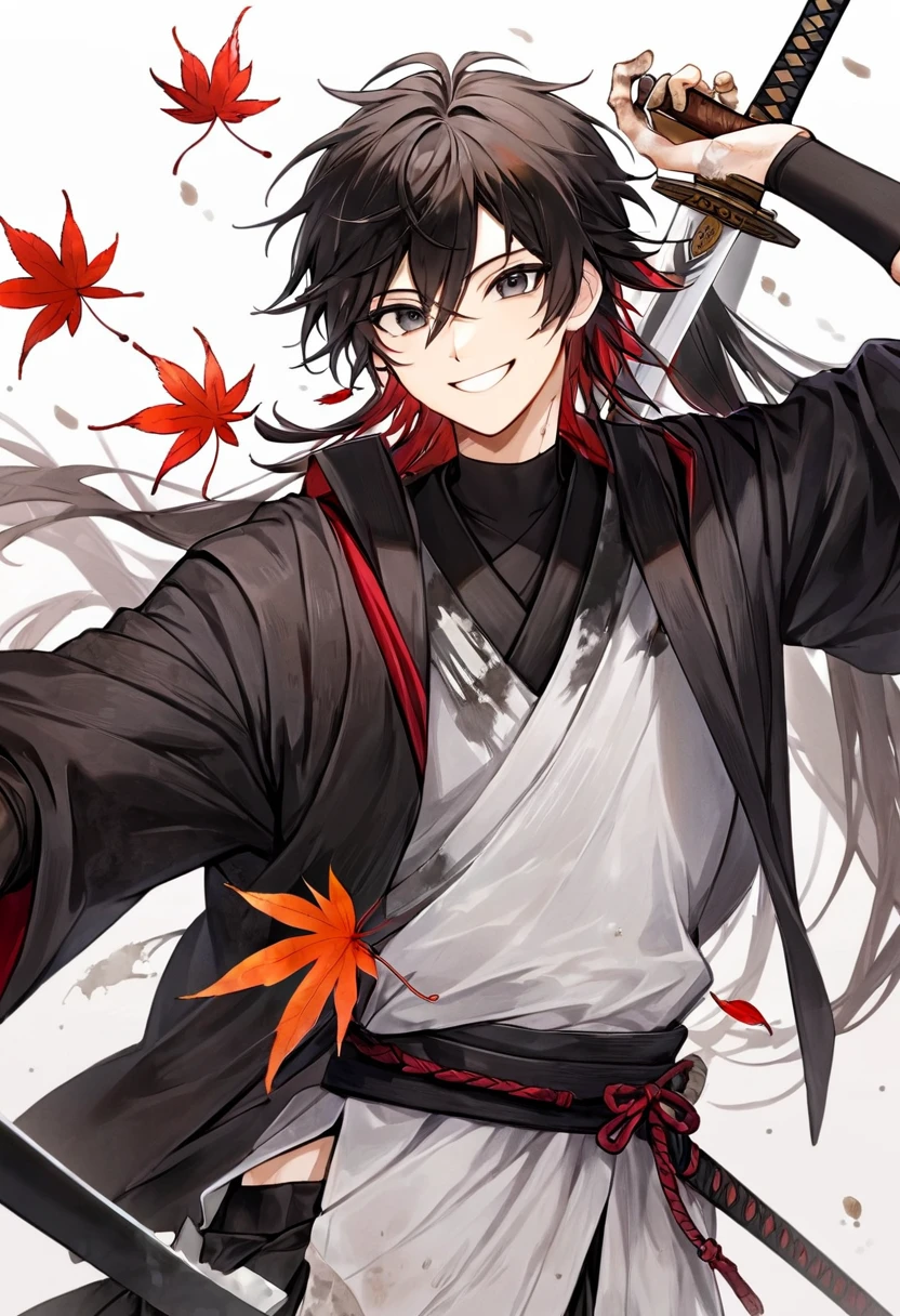 Ronin, Dirty, Boy, Two sword, black eyes, black samurai long unkempt hair, ragged body, gray- white Torn clothes, Smile, Maple leaf background.