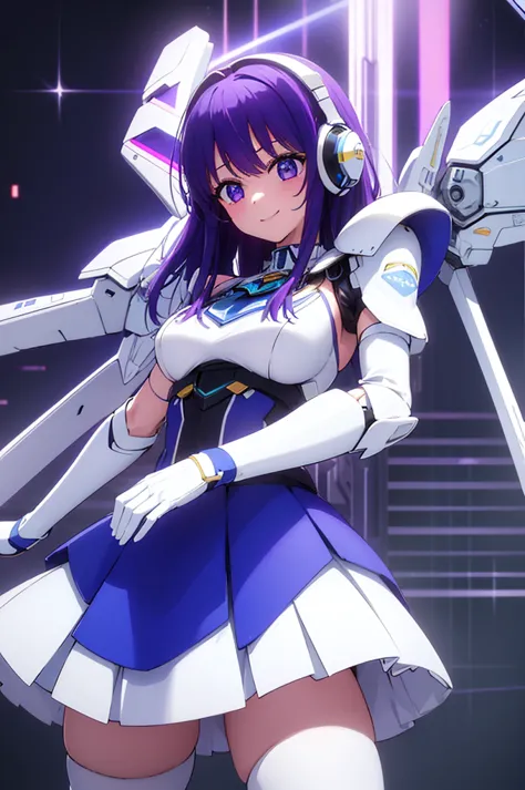 mecha wings、white and blue skirt、accentuated thighs、white tights、chest、beautiful purple hair、1 girl、solo girl、thick thighs、is、fr...