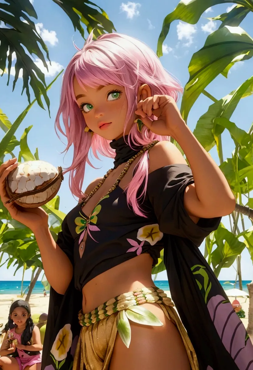 ((Artwork, high quality)), (black girl), (pink hair), (green eyes), (wearing a beach outfit), (at a large party), (decorated wit...