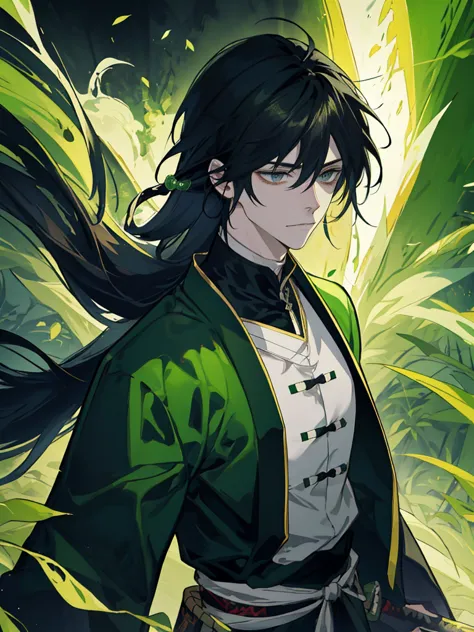 rogue, 1man, fantasy ,longhair, greeneyes, samuraistyle, blackhairhightlightgreen, japan, handsome, 21yearold, earing