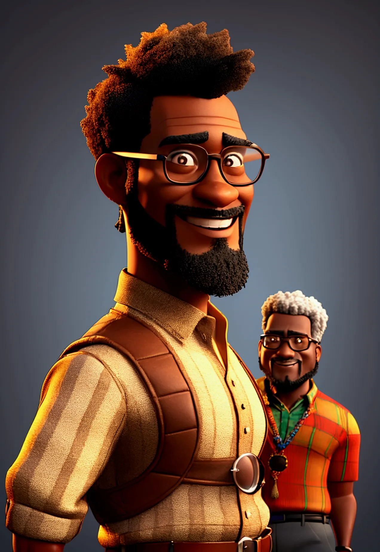 Create a majestic 3D render of a muscular African-descendant professor with short hair and a beard, wearing glasses and clothing...