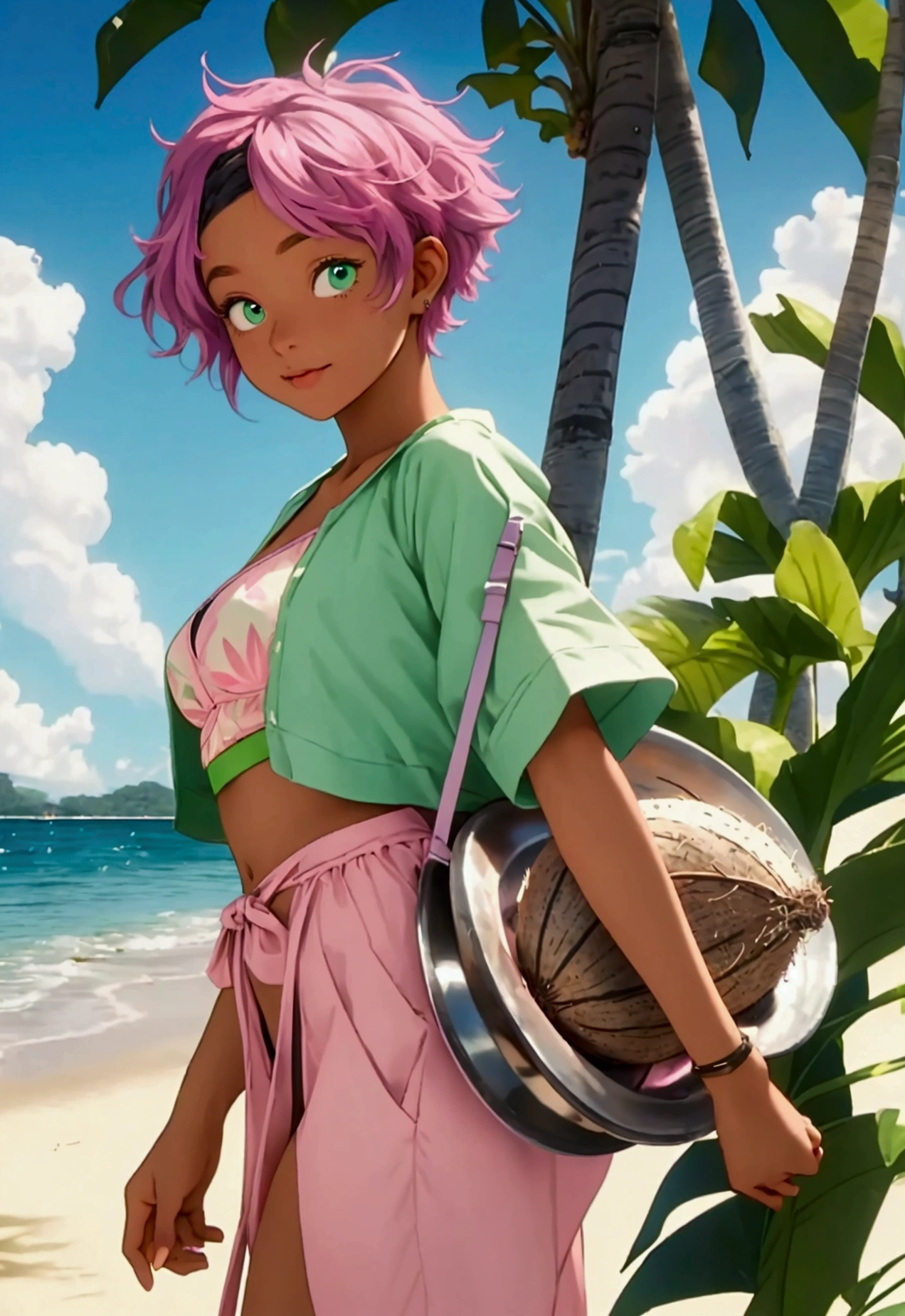 ((Artwork, high quality)), (black girl), (pink hair), (green eyes), (wearing a beach outfit), (at a large party), (with a coconut tree in the background), (holding a tray with eggplants and bananas).


