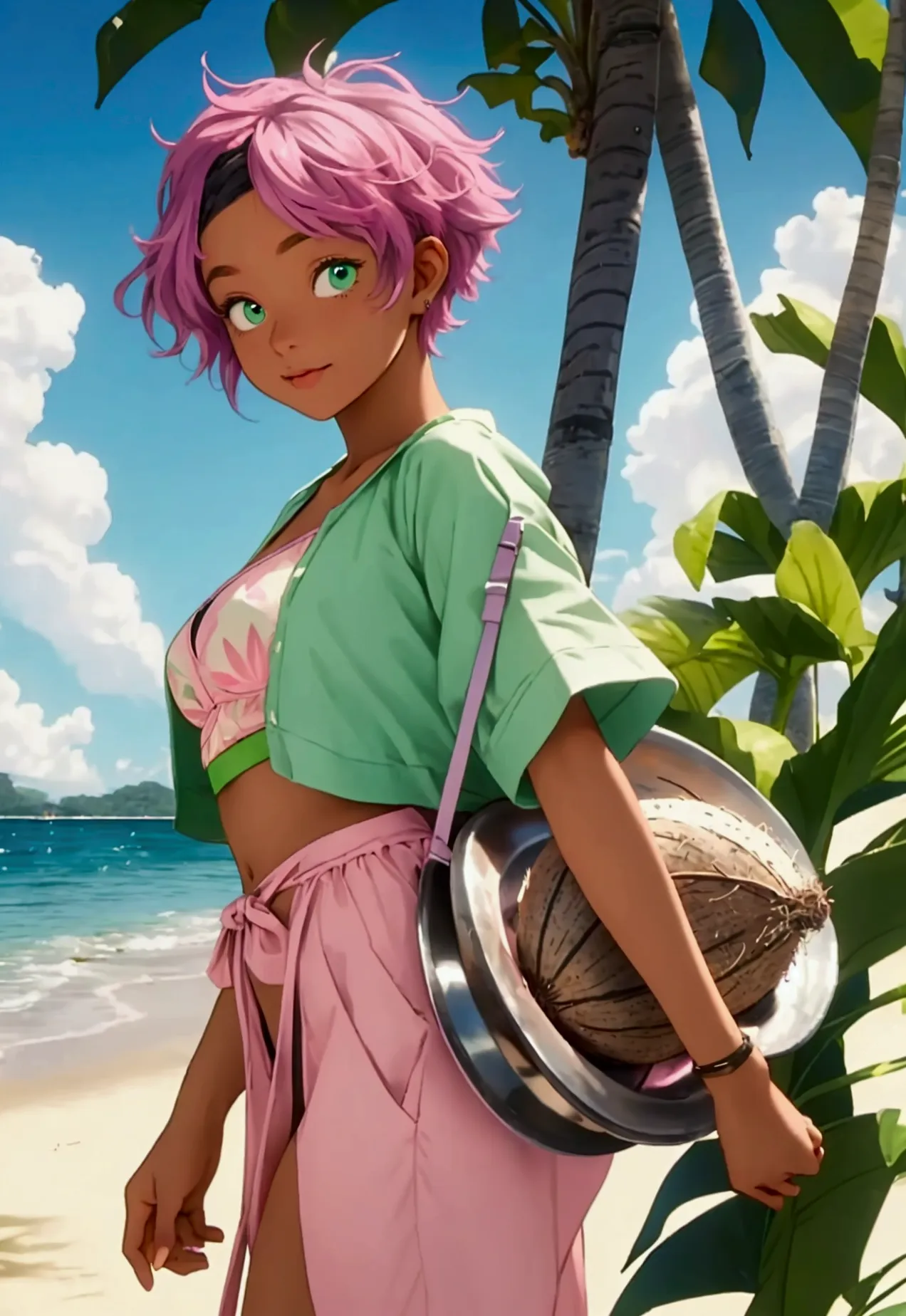 ((Artwork, high quality)), (black girl), (pink hair), (green eyes), (wearing a beach outfit), (at a large party), (with a coconu...