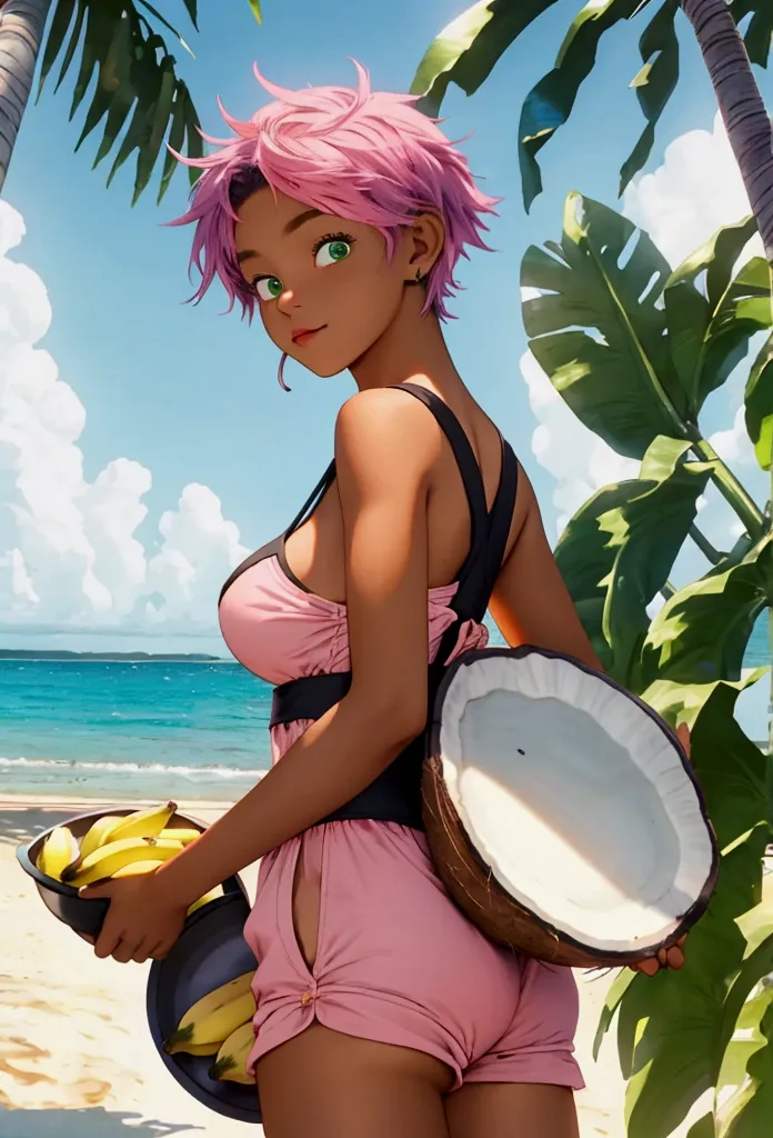 ((Artwork, high quality)), (black girl), (pink hair), (green eyes), (wearing a beach outfit), (at a large party), (with a coconu...