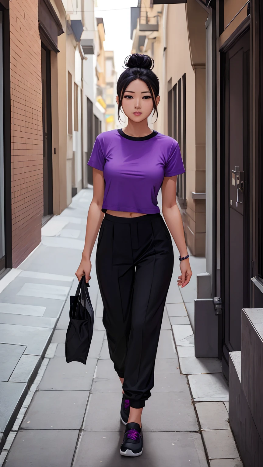 A beautiful young girl wearing violet coloured t-shirt, black lower, sleepers in foot, black hair perct hair bun, walking on street, perfect feminine figure, beauty of allures, ((black lower pant))