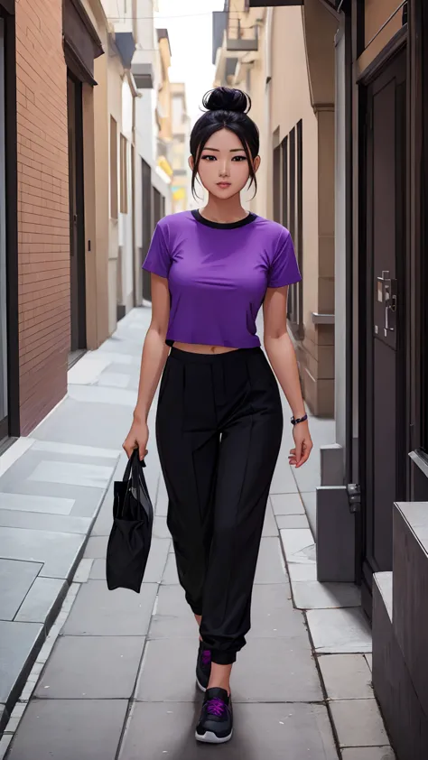 A beautiful young girl wearing violet coloured t-shirt, black lower, sleepers in foot, black hair perct hair bun, walking on str...