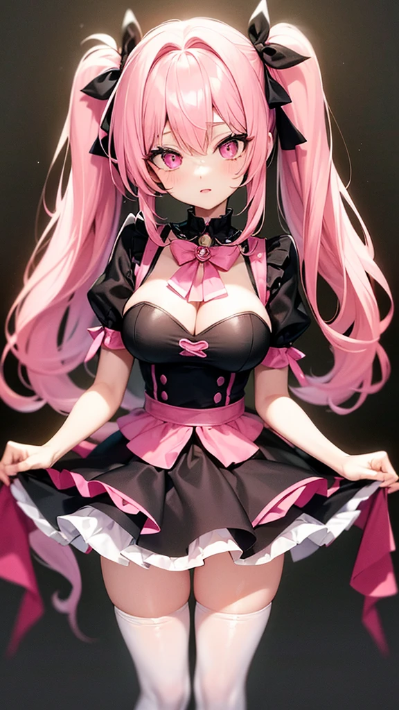 (Highest quality,Super detailed,girl),black tights,Pink Hair,Height: 160cm,cute,Pink Eyes,Twin tails,Big Breasts,I&#39;m wearing a pink skirt,Her eyes are white and shining,Has bright white eyes,Looking at me with a bright face,My underwear is about to be visible,