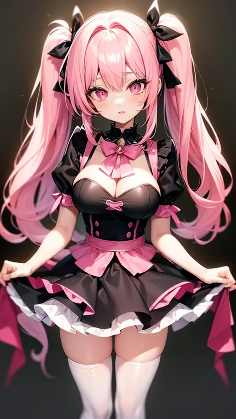 (highest quality,super detailed,girl),black tights,pink hair,height: 160cm,cute,pink eyes,twin tails,big breasts,i&#39;m wearing...